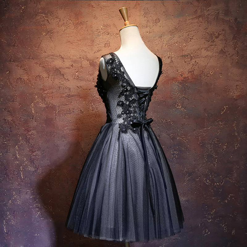 Black v neck tulle applique short prom dress, homecoming dress  7888