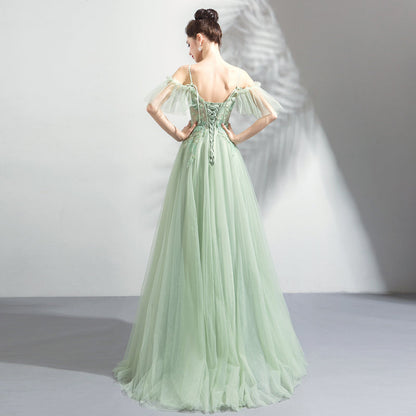 Green tulle lace long prom dress, evening dress  8043
