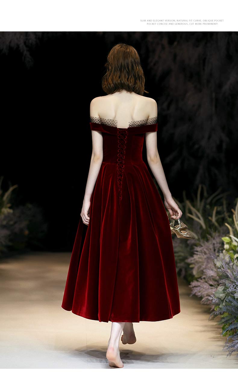 Burgundy velvet short prom dress party dress  8344