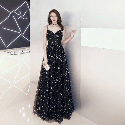 Black sweetheart neck tulle long prom dress, black evening dress  8089