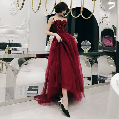 Burgundy sweetheart neck tulle long prom dress, evening dress  7971