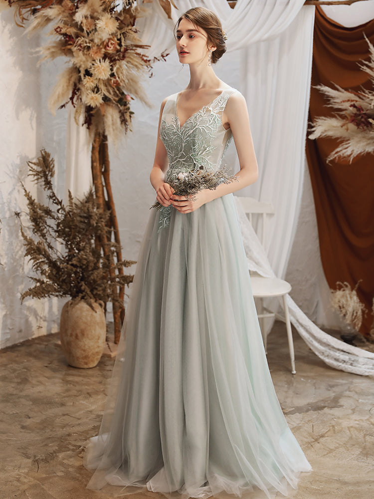 Gray tulle lace long prom dress evening dress  8265