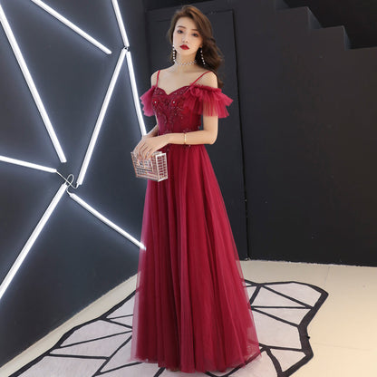 Burgundy tulle lace long prom dress, burgundy evening dress  7967