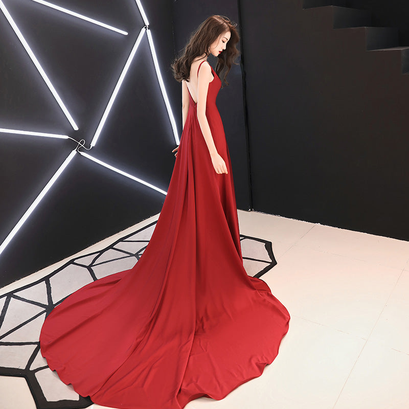 Burgundy v neck chiffon long prom dress, evening dress  7905