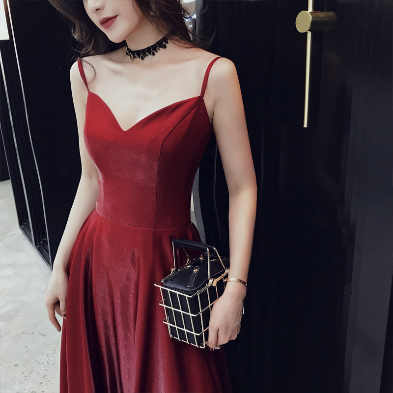 Simple v neck long A line prom dress, burgundy evening dress  8108
