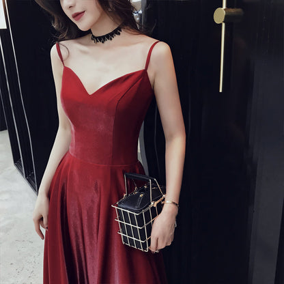 Simple v neck long A line prom dress, burgundy evening dress  8108