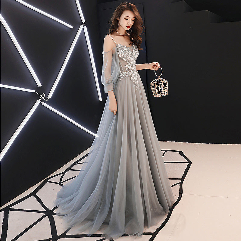 Gray lace tulle long prom dress, long sleeve evening dress  8081