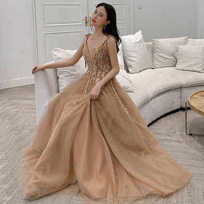 Stylish v neck tulle long prom dress, evening dress  8024