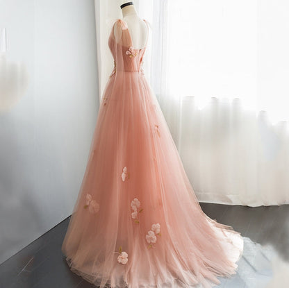 Pink tulle lace long prom dress, pink evening dress  7892