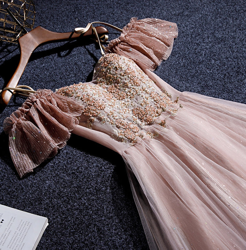 Pink tulle lace long prom dress evening dress  8349