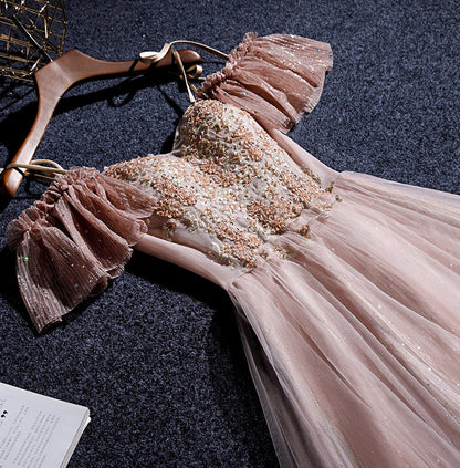 Pink tulle lace long prom dress evening dress  8349