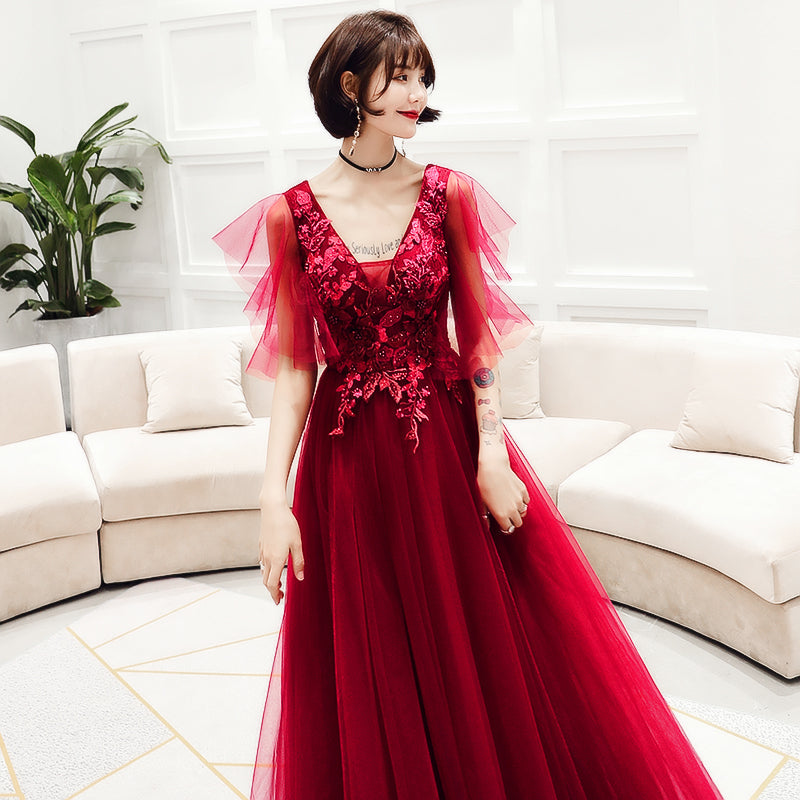 Burgundy v neck tulle lace long prom dress, evening dress  8029