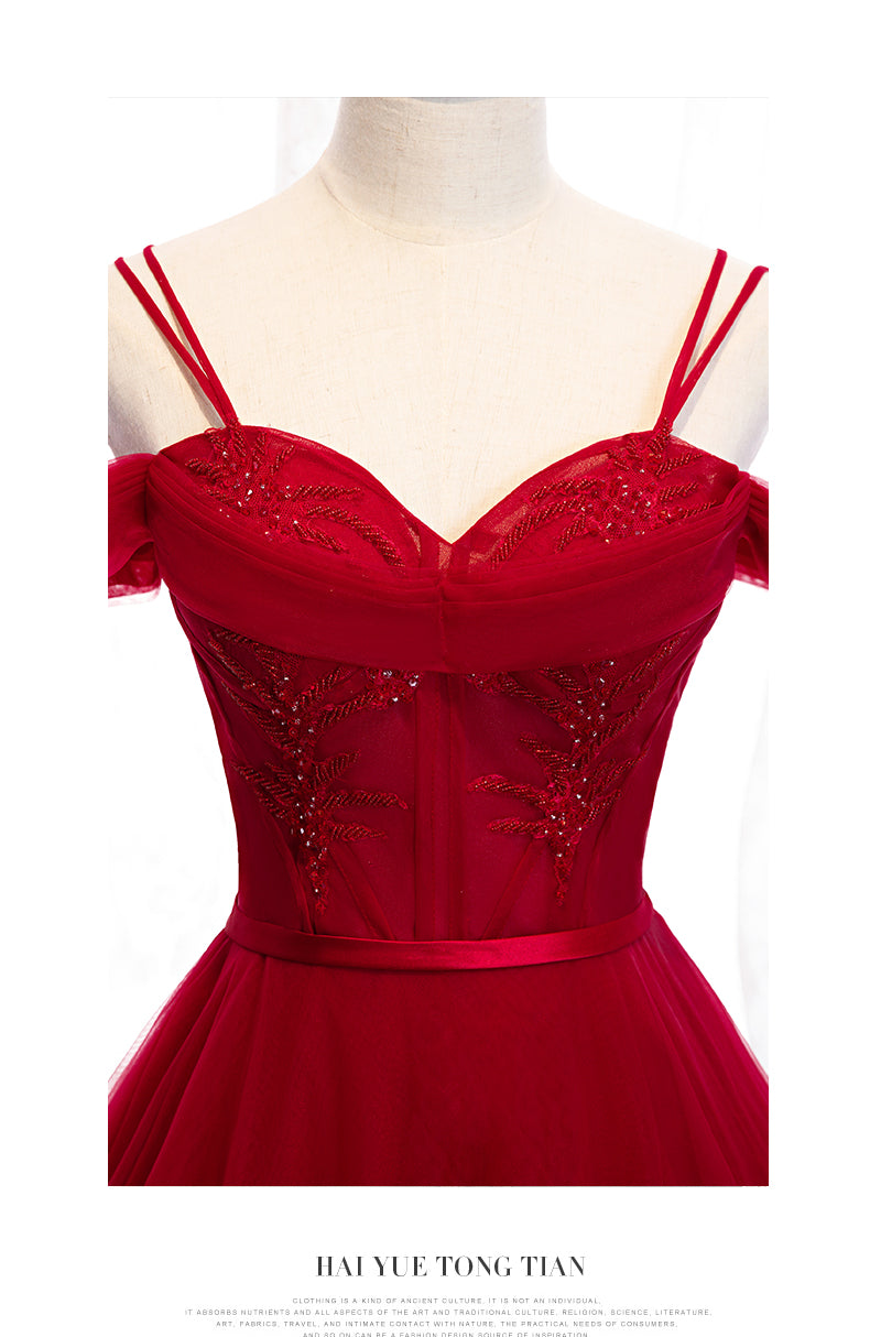 Burgundy tulle long prom dress evening dress  8261