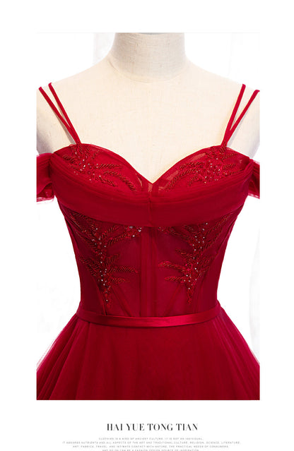 Burgundy tulle long prom dress evening dress  8261