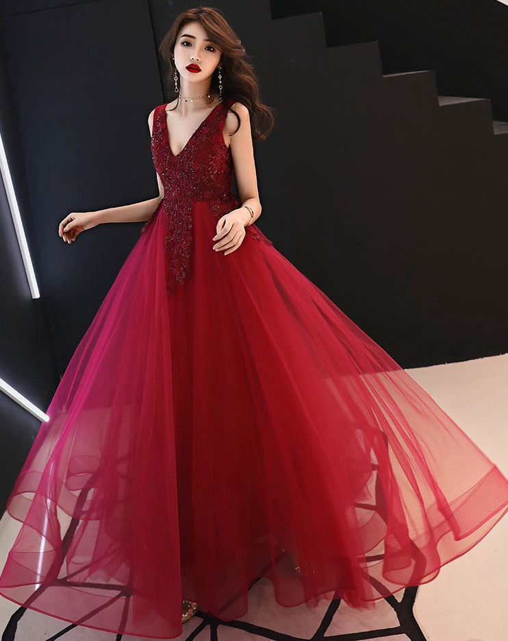Burgundy v neck tulle lace long prom dress, evening dress  8004