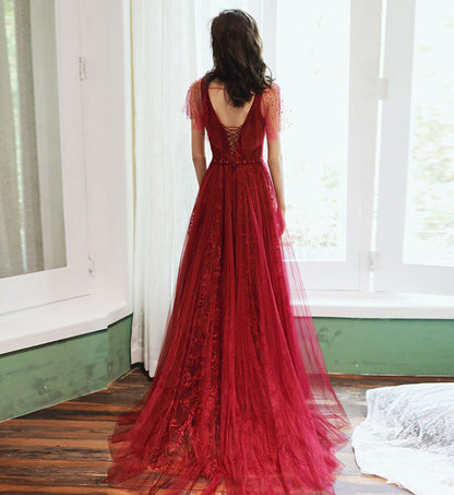 Burgundy tulle long prom dress evening dress  8232
