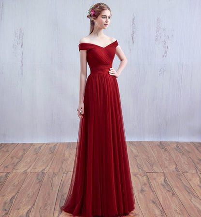 Burgundy v neck tulle long prom dress, burgundy evening dress  7902