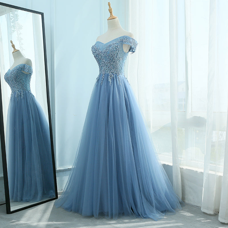 Blue tulle lace long prom dress, blue evening dresses  7960