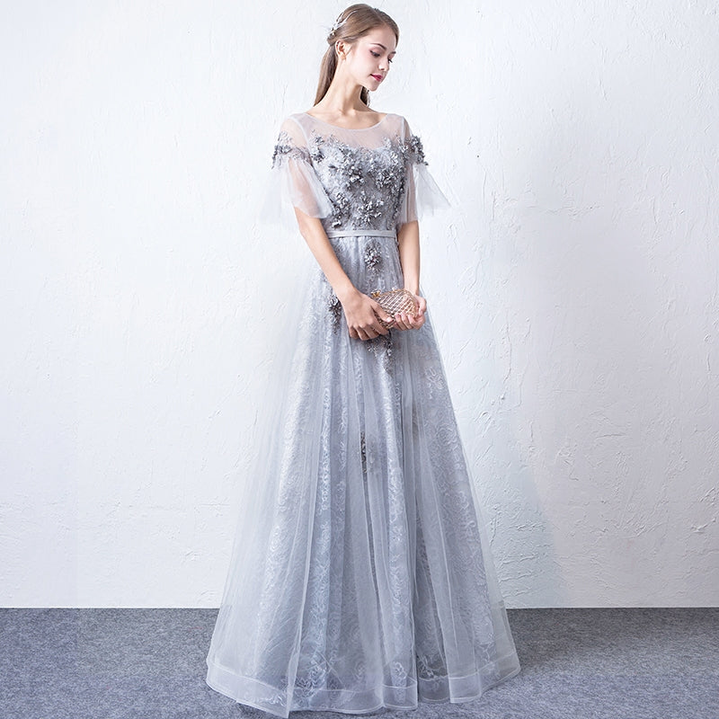 Gray round neck tulle lace long prom dress, evening dress  7942