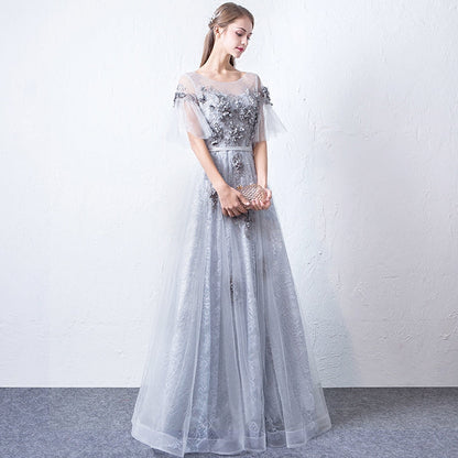 Gray round neck tulle lace long prom dress, evening dress  7942