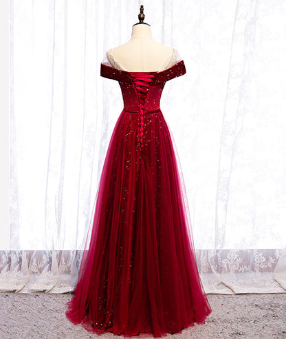 Burgundy velvet tulle long prom dress evening dress  8400