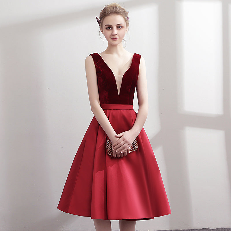 Burgundy v neck velvet satin short prom dress, homecoming dress  7895