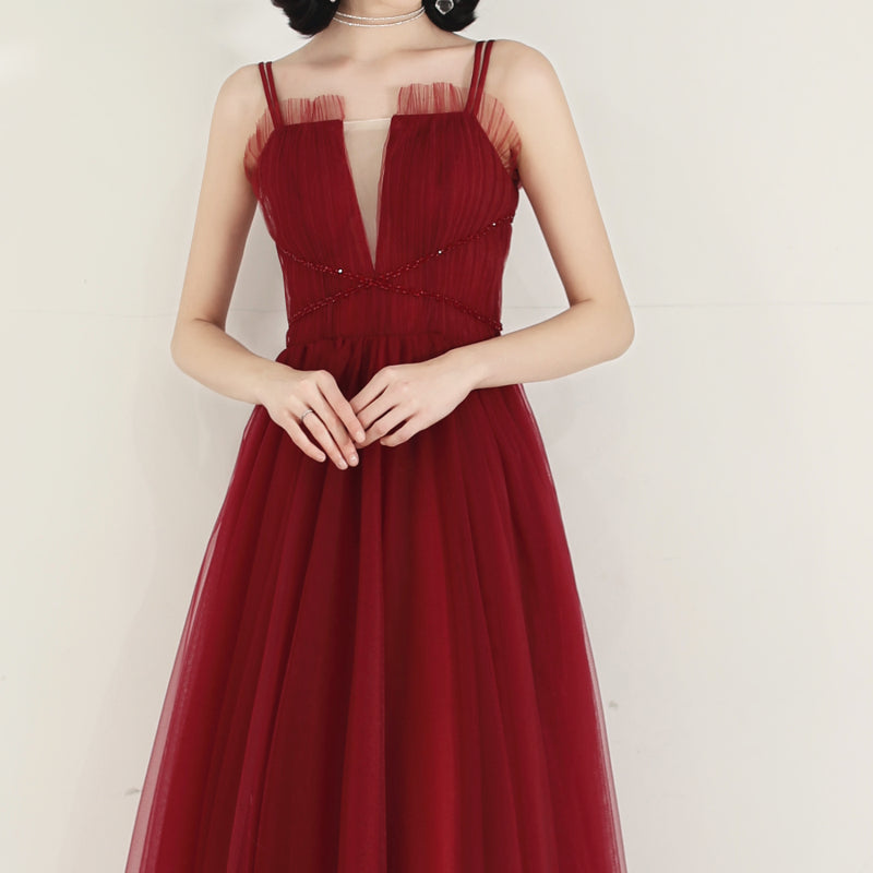 Burgundy tulle long prom dress  8168