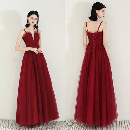 Burgundy tulle long prom dress  8168