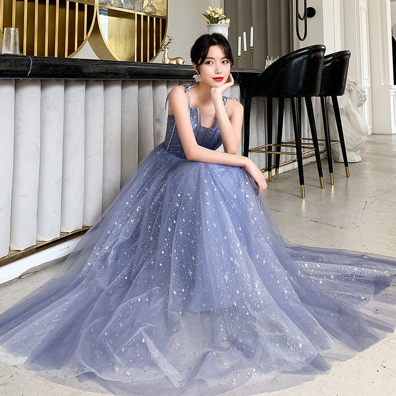Blue tulle long prom dress, blue evening dress  8139