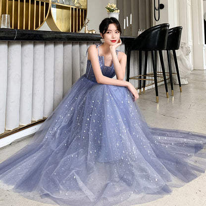 Blue tulle long prom dress, blue evening dress  8139