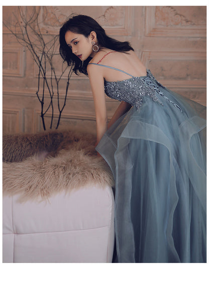 Blue v neck tulle lace long prom dress  8221