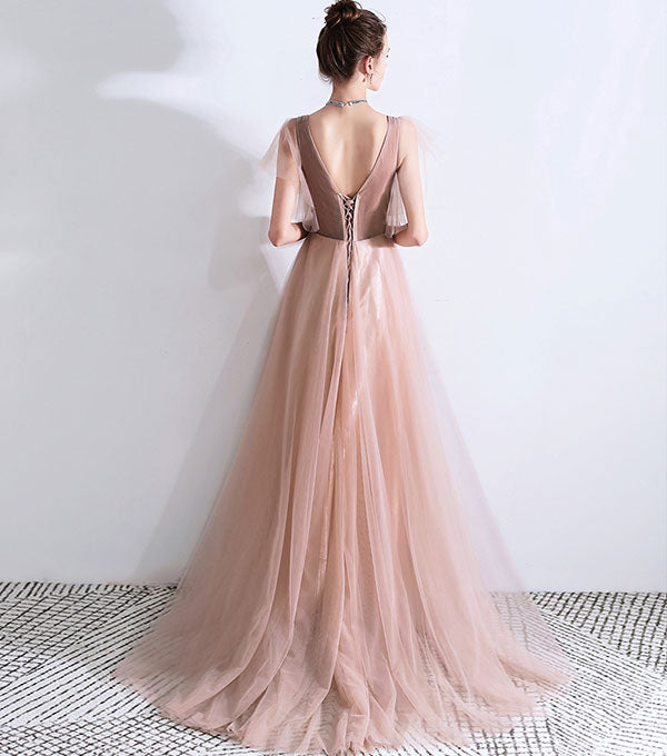 Elegant v neck tulle long prom dress, lace evening dress  8026