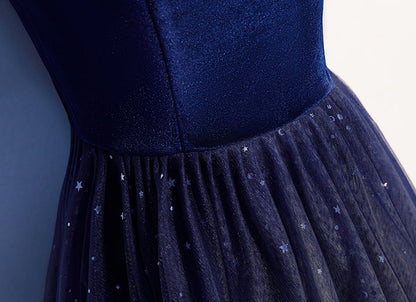 Blue tulle velvet long prom dress, blue evening dress  7914