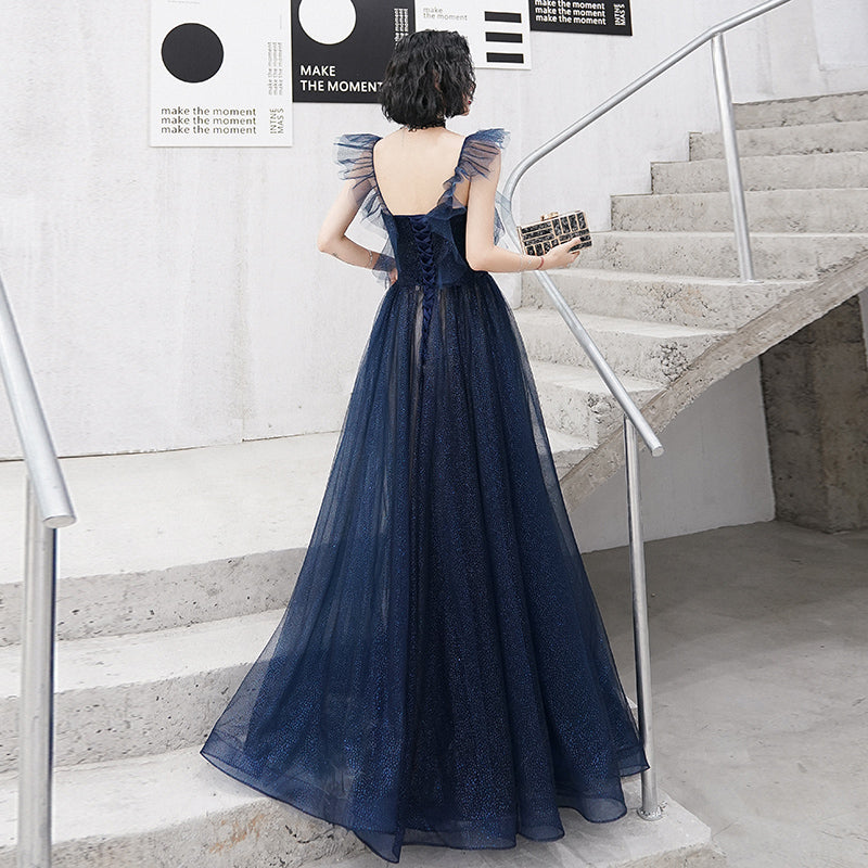 Blue tulle long prom dress blue evening dress  8226