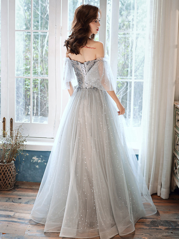 Gray tulle beads prom dress evening dress  8378
