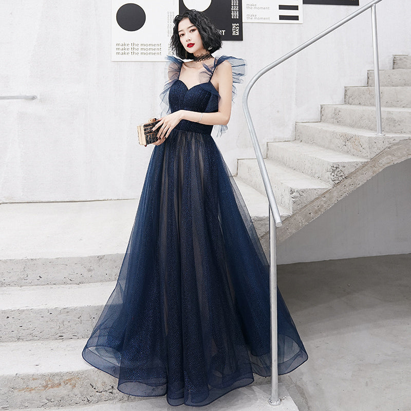 Blue tulle long prom dress blue evening dress  8226