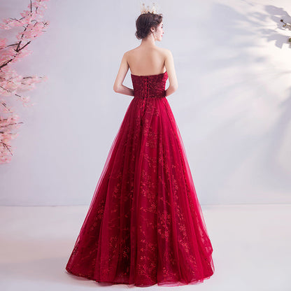 Burgundy lace long prom dress evening dress  8202