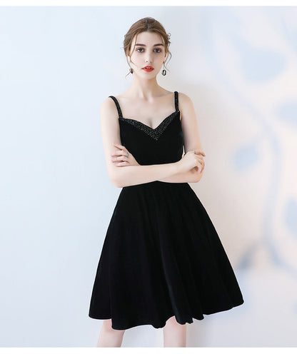 Black v neck velvet short prom dress, black evening dress  7833