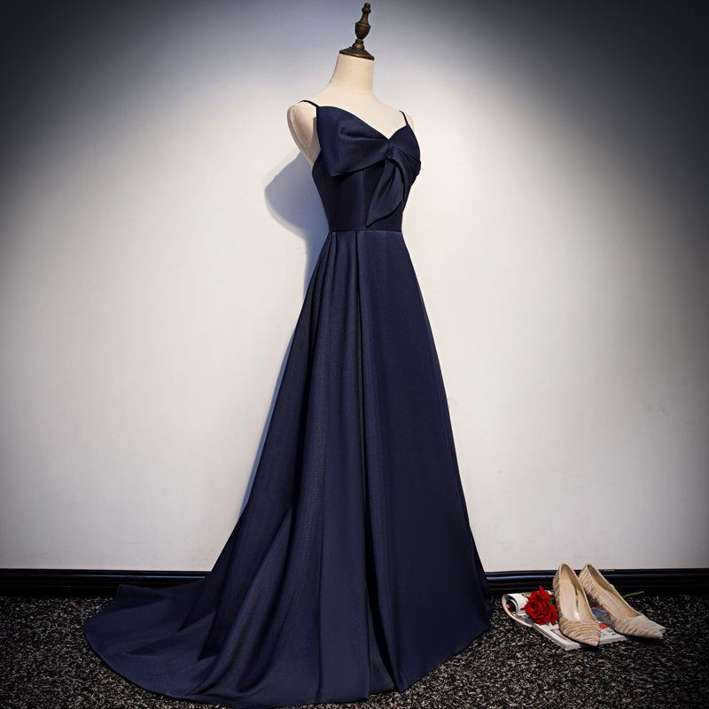Dark blue satin long prom dress, simple evening dress  8074