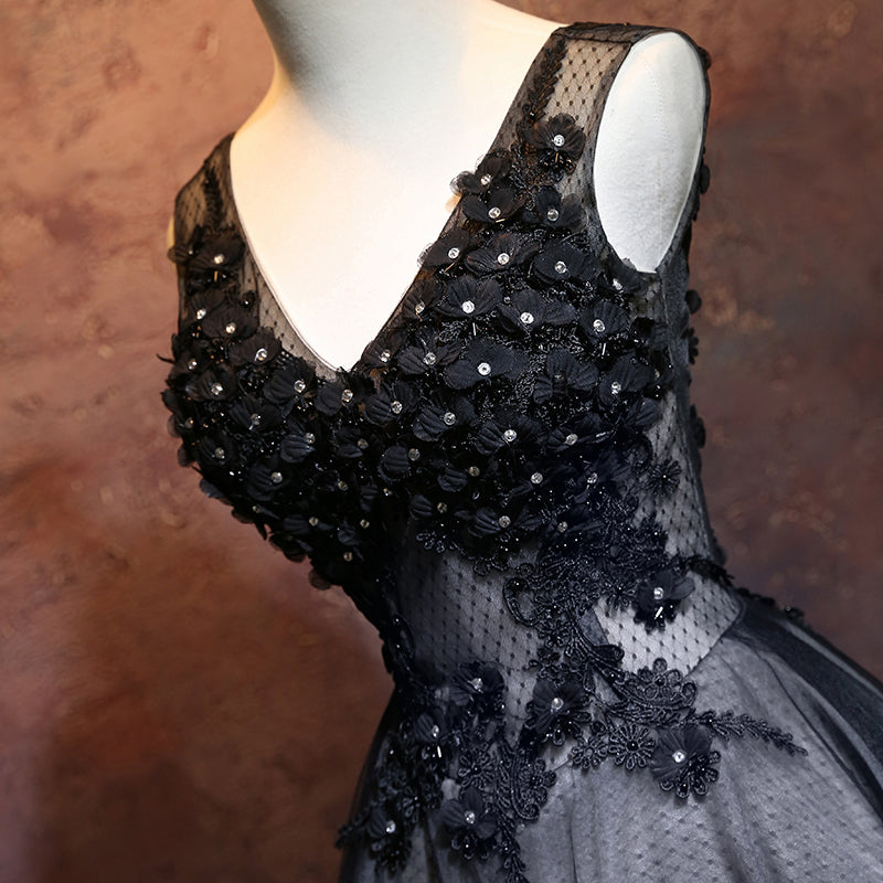 Black v neck tulle applique short prom dress, homecoming dress  7888