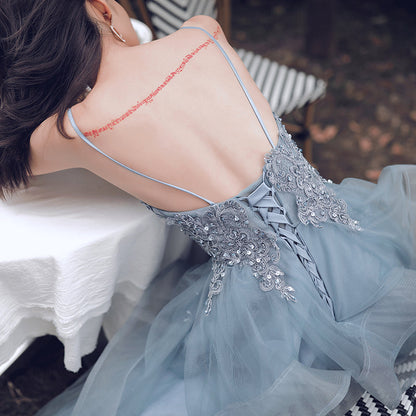 Blue v neck tulle lace long prom dress  8221