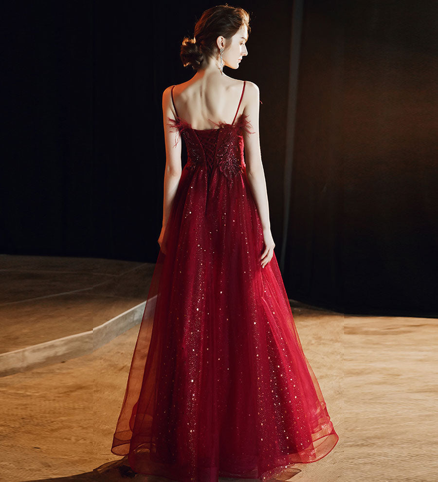 Unique burgundy lace prom dress formal dress  8237