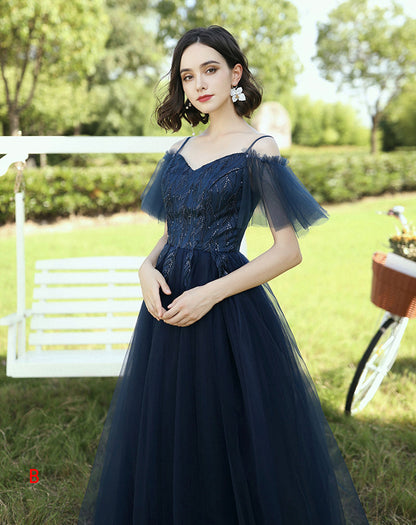 Blue tulle lace long prom dress blue evening dress  8404