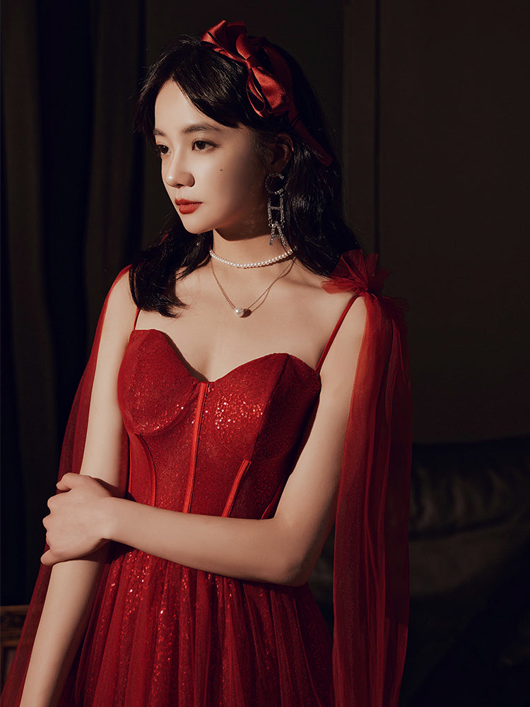 Burgundy Color Shiny Elegant Spaghetti Strap Long Tulle Sequin Ball Gown Evening Dress 8263