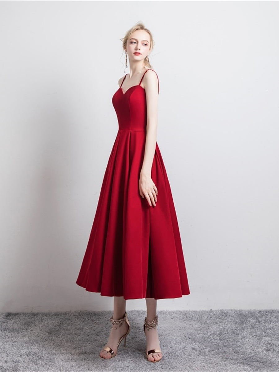 Simple satin short prom dress burgundy evening dress  8346