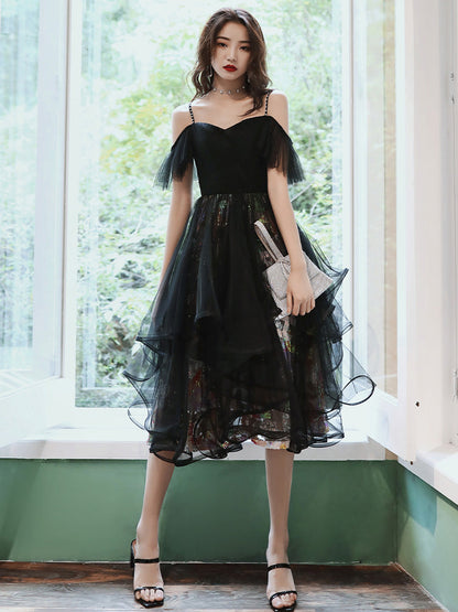 Unique design black tulle short prom dress  8358