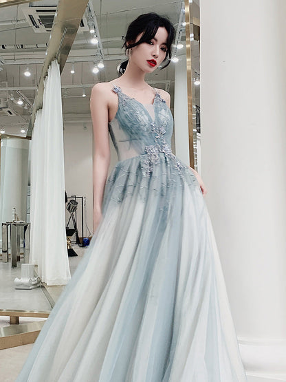 Stylish blue v neck tulle long prom dress, evening dress  8093