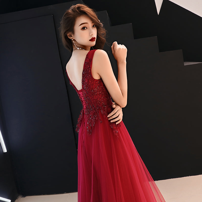 Burgundy v neck tulle lace long prom dress, evening dress  8004