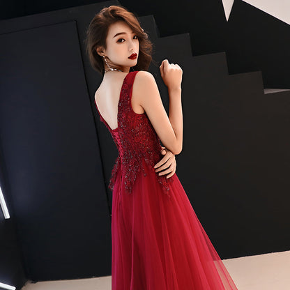 Burgundy v neck tulle lace long prom dress, evening dress  8004