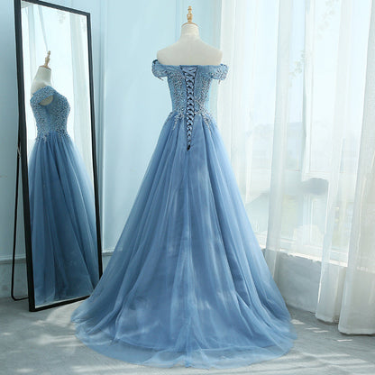 Blue tulle lace long prom dress, blue evening dresses  7960